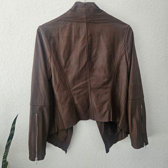 Neiman Marcus Brown Leather Open From Cascade Ruffle Zippered Sleeves Sz Small - Picture 8 of 9
